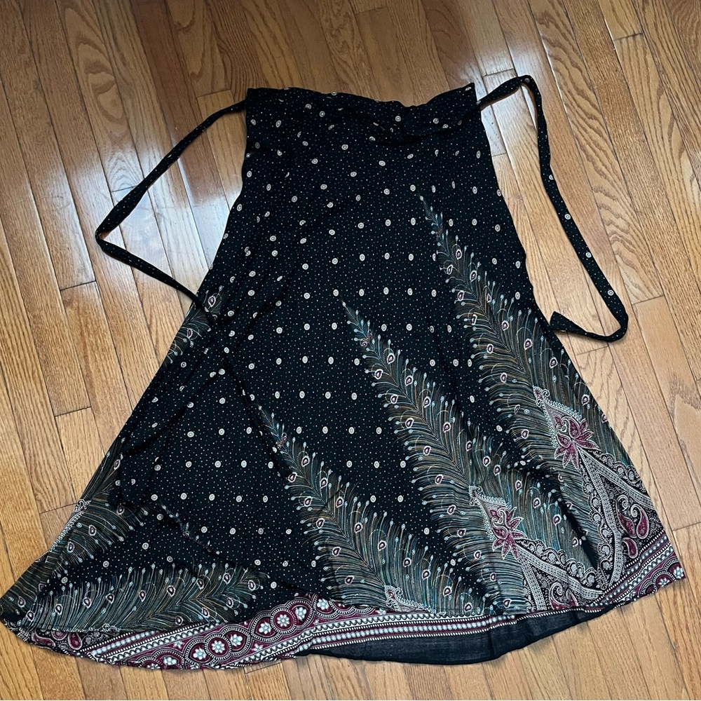 Plume and Paisley Print Black Rayon Wrap Skirt
